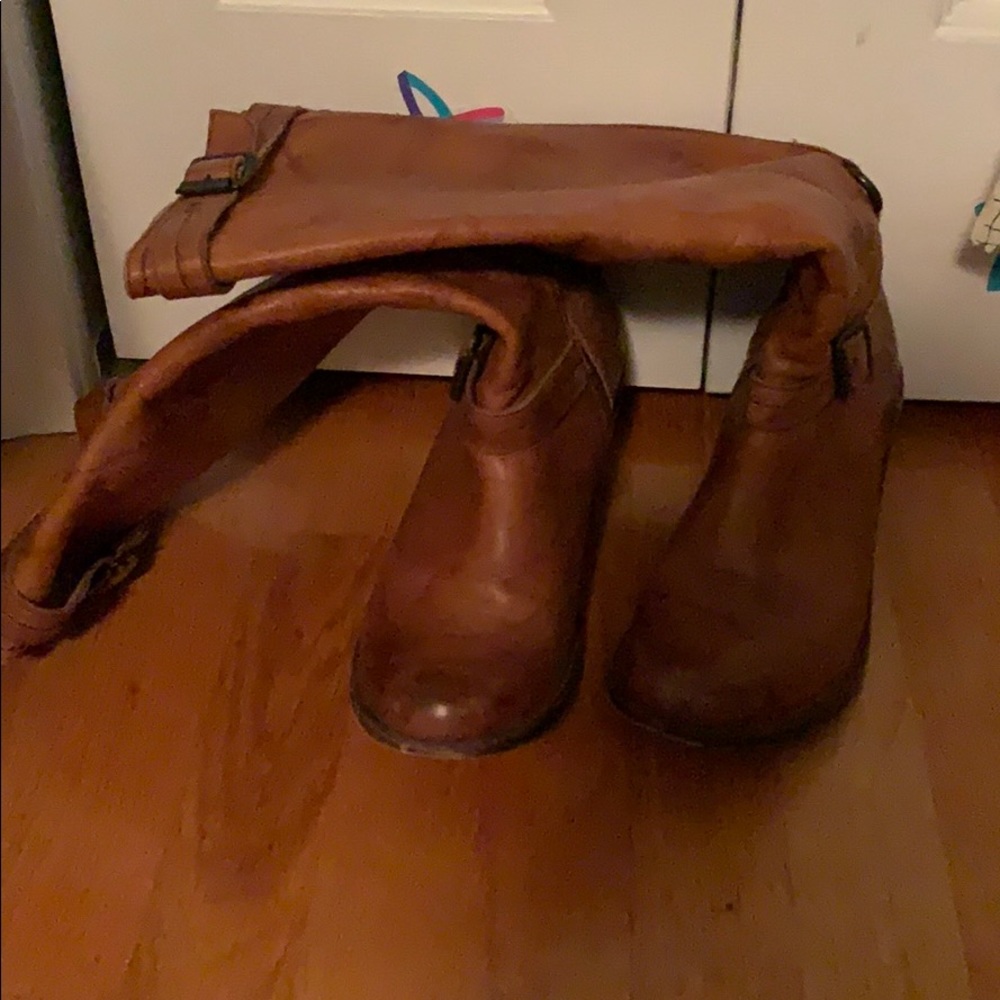 Tan Frye knee high leather booths